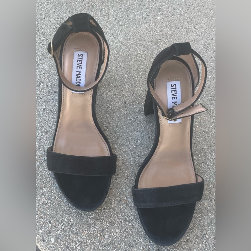 STEVE MADDEN CARRSON ANKLE STRAP BLACK HEELED SANDALS SIZE 7 UPPER LEATHER